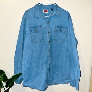 Wrangler Denim Long Sleeve Cargo Button Down - Light Wash Western Shirt